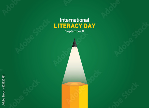 International Literacy Day Vector illustration of open book with alphabet letters. Children education background or learning event concept.