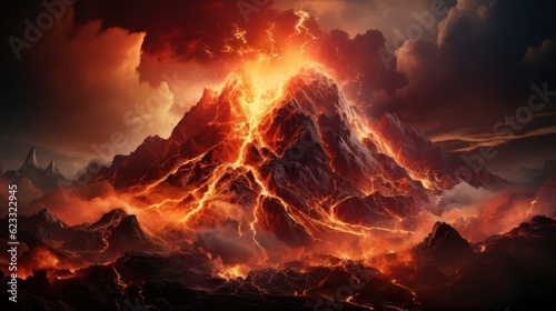  A volcano erupting. Eruption of a volcanic mountain, and red magma spewing out and flowing.