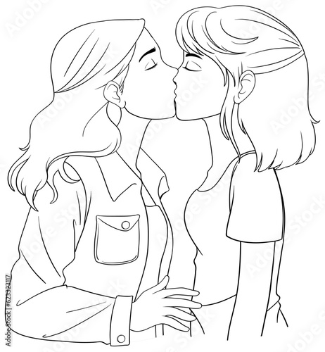 Lesbian couple cartoon kissing outline doodle