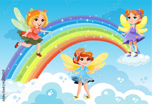 Cute fantasy fairies cartoon character flying over rainbow