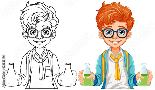 Male student cartoon holding conical flask on science class experiment