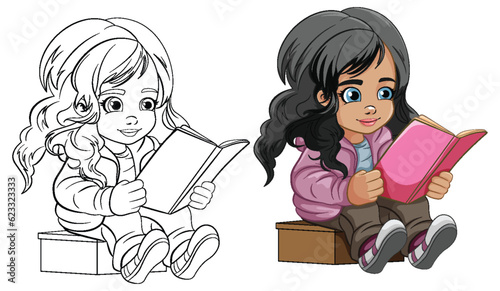 Young girl cartoon reading a book