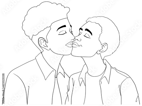 Gay couple cartoon kissing outline doodle