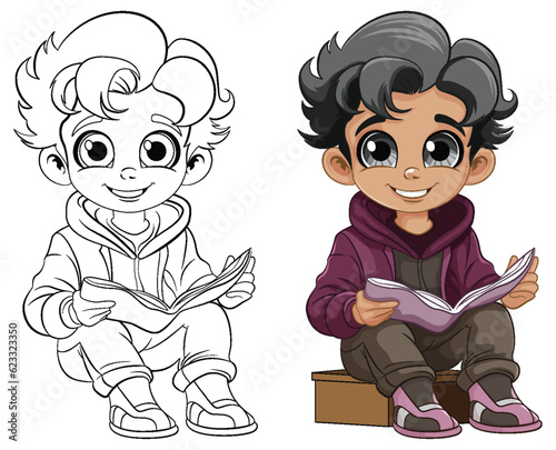 Boy sitting and reading the book  and its outline