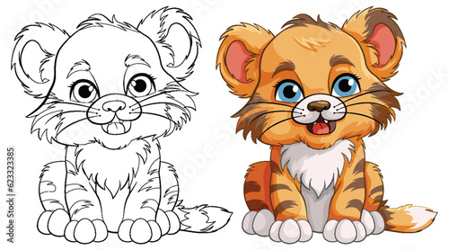 Cute Baby Tiger Cartoon Character Outline for Colouring