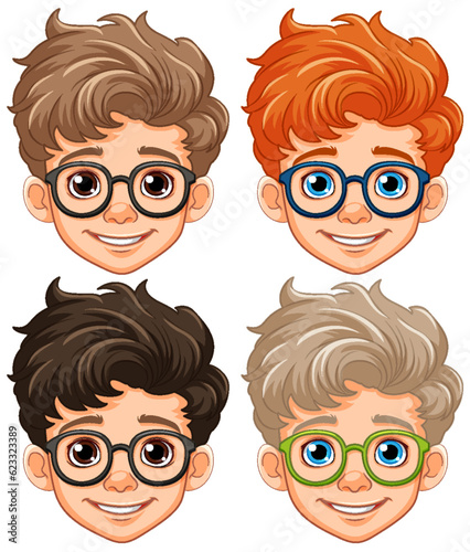 Boy cartoon head wearing glasses isolated