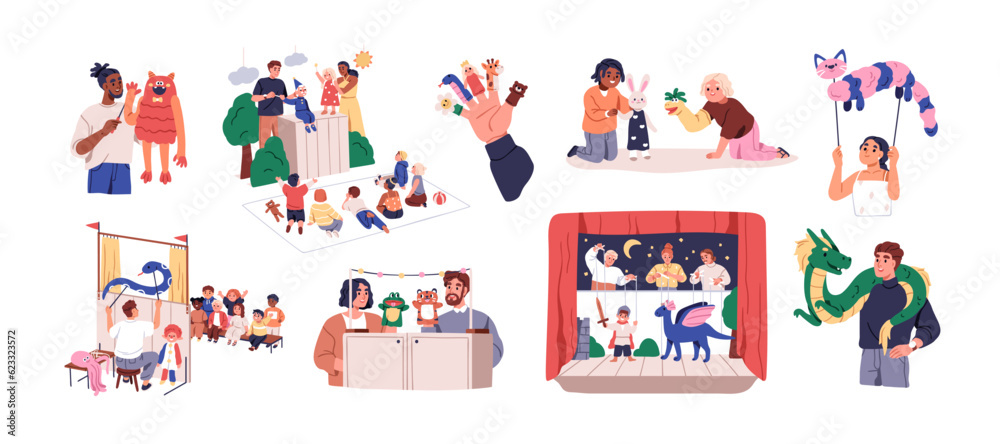 Puppet show, toy theaters set. Kids theatrical play in puppetry. Children watching fairytale performance with dolls on hands, marionettes. Flat vector illustrations isolated on white background