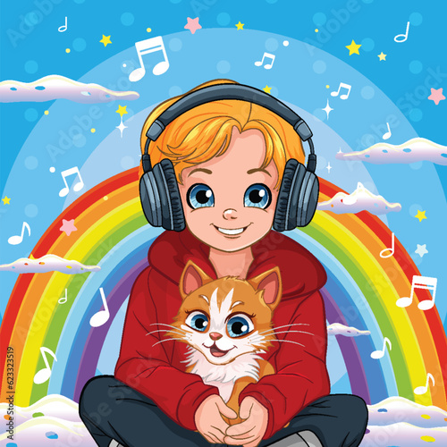 Boy holding pet sitting on the floor listening to music with headset