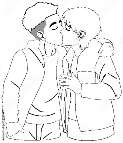 Gay couple doodle outline kissing