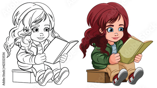 Girl cartoon reading book isolated and its doodle outline