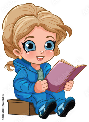 Cute Girl Reading Book Cartoon Character