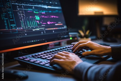 close-up of the hands of a user typing on a computer keyboard, with the ChatGPT interface visible on the monitor in the blurred background