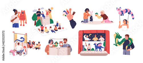 Puppet show, toy theaters set. Kids theatrical play in puppetry. Children watching fairytale performance with dolls on hands, marionettes. Flat vector illustrations isolated on white background
