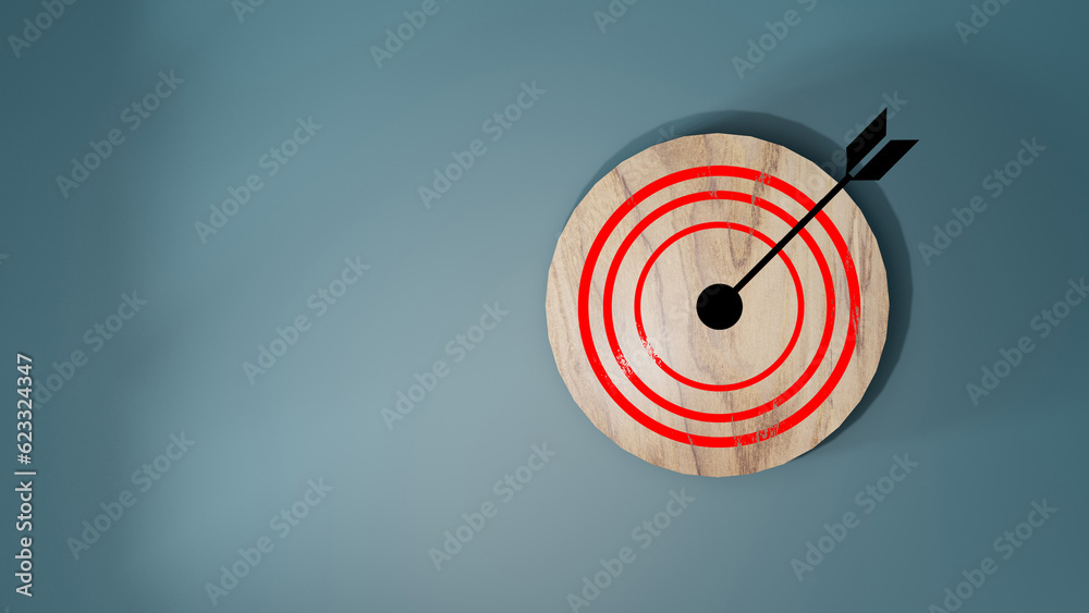 Red dartboard and black arrow on wooden on blue backgroup. customer relation management concept.