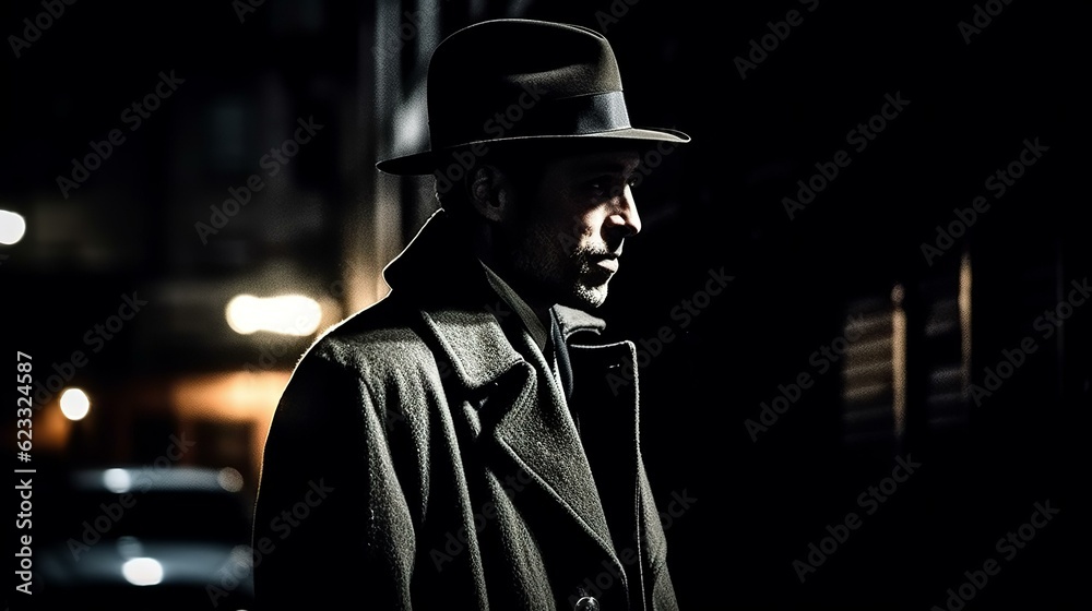 探偵・スパイ・マフィア・刑事・暗い路地裏の道を歩くハットを被ったビジネスマン
