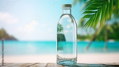 glass water bottle on a beach and outside with leaves and flowers