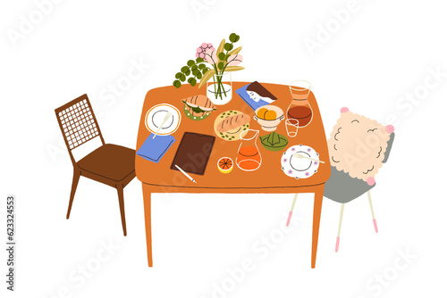 Table set with breakfast food, served with dishes, eating and drinks. Croissant, bread, beverages in glass and jug, drawing tablet, book. Flat graphic vector illustration isolated on white background