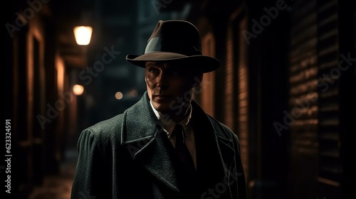 探偵・スパイ・マフィア・刑事・暗い路地裏の道を歩くハットを被ったビジネスマン 