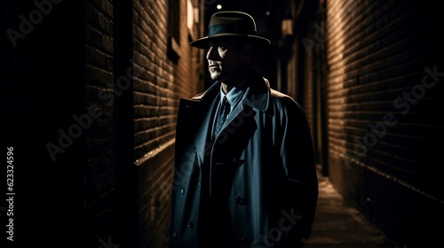 探偵・スパイ・マフィア・刑事・暗い路地裏の道を歩くハットを被ったビジネスマン
 photo
