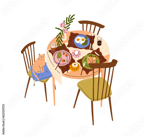 Dining table served, set for breakfast, morning meal. Food and drinks, beverages, cute cat on chair at home. Fried eggs, coffee cups. Flat graphic vector illustration isolated on white background