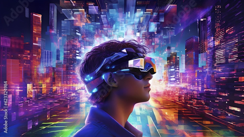 VR technology digital cyber world technology, virtual reality glasses surrounded with futuristic AR interface 3d hologram, metaverse and VR apple vision pro concept, Generative AI illustration	 photo