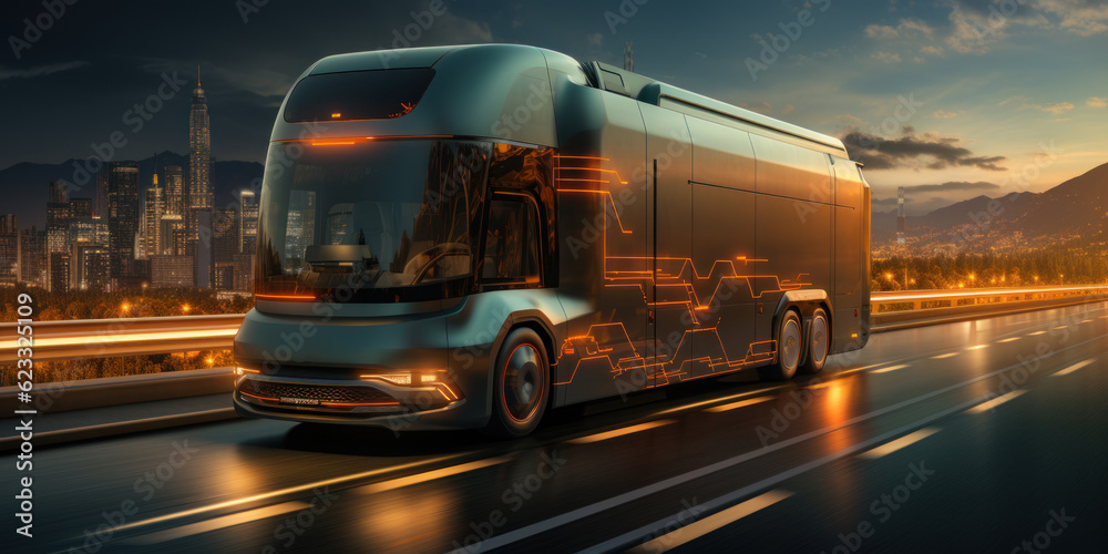 Electric van or futuristic truck on the highway for logistics concept and futuristic energy solution as a wide banner or truck mockup with copy space. Electric van or futuristic truck on the highway for logistics concept and futuristic energy solution as a wide banner or truck mockup with copy space.