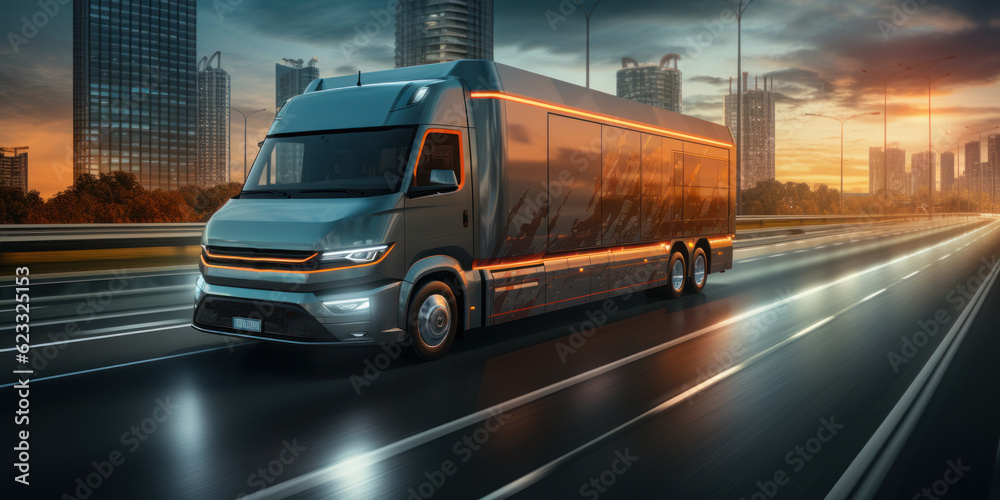 Electric van or futuristic truck on the highway for logistics concept and futuristic energy solution as a wide banner or truck mockup with copy space.
