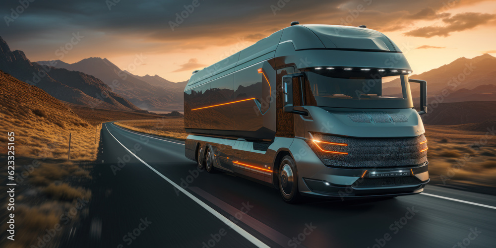 Electric van or futuristic truck on the highway for logistics concept and futuristic energy solution as a wide banner or truck mockup with copy space.