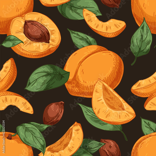 Apricots and leaves, seamless pattern. Summer fruits, food, repeating print i...