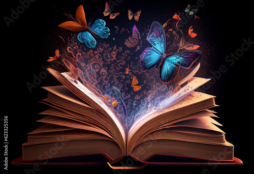 Opened magic fantasy book with magical flying butterflies above upwards generative ai © Tohamina