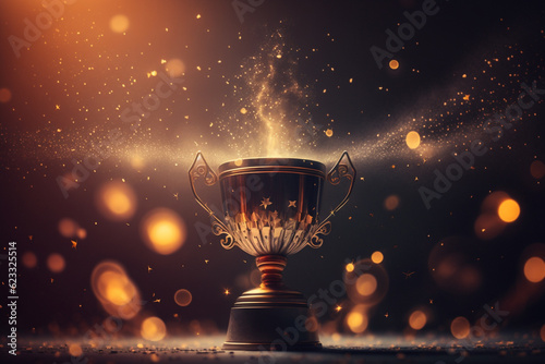 Winner trophy at studio illuminated by bright light and blurred sparks on background generative ai