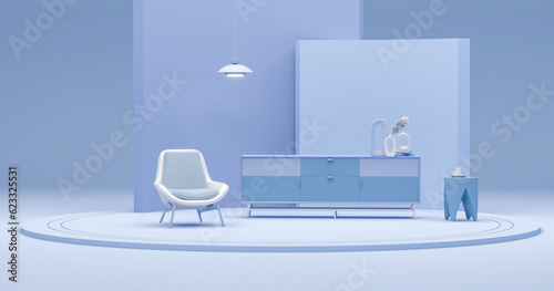 Creative interior design in pastel blue studio with sideboard, lamp, plant pot and armchair. Pastel purple color background. 3D rendering for web page, presentation or picture frame	