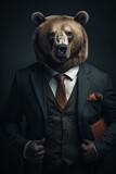 Bear in the Boardroom, Powerful Wildlife Meets Business, Grizzly Bear in Suit, Leadership Symbol in the Wilderness, generative ai
