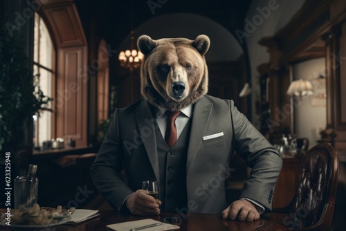Bear in the Boardroom, Powerful Wildlife Meets Business, Grizzly Bear in Suit, Leadership Symbol in the Wilderness, generative ai