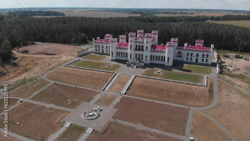 History and architecture concept. Top view of Palace of the Puslovskys in Kossovo. Belarus photo