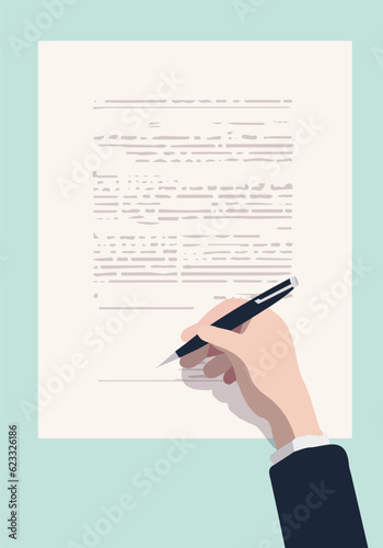 書類にサインする手のフラットカラーイラスト