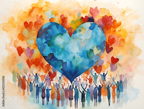 Group of multicultural people with arms and hands raised towards a hand painted blue heart. Charity donation, volunteer work, support and assistance, multiethnic community. Peace on earth.