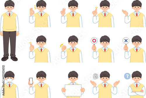 男子高校生　男子中学生　表情とジェスチャーのイラスト素材セット