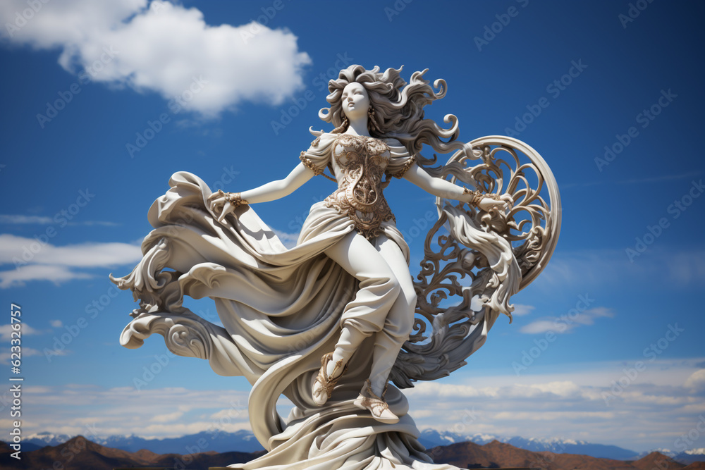 Holy goddess of love antique monumental statue, a beautiful woman, white marble, cinematic, blue sky background. AI Generative Holy goddess of love antique monumental statue, a beautiful woman, white marble, cinematic, blue sky background. AI Generative