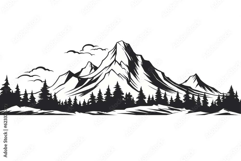 Black and white mountain range with trees wall art, symbolic landscapes  stencil art outdoor scenes vector illustration Stock Vector | Adobe Stock