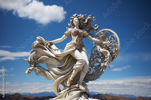 Holy goddess of love antique monumental statue, a beautiful woman, white marble, cinematic, blue sky background. AI Generative photo