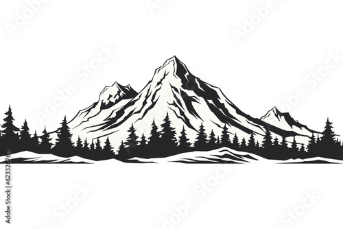 Black and white mountain range wall art, symbolic landscapes trees stencil art outdoor scenes vector illustration