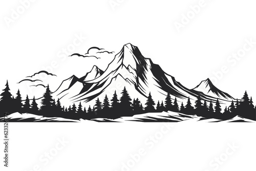 Black and white mountain range with trees wall art, symbolic landscapes stencil art outdoor scenes vector illustration