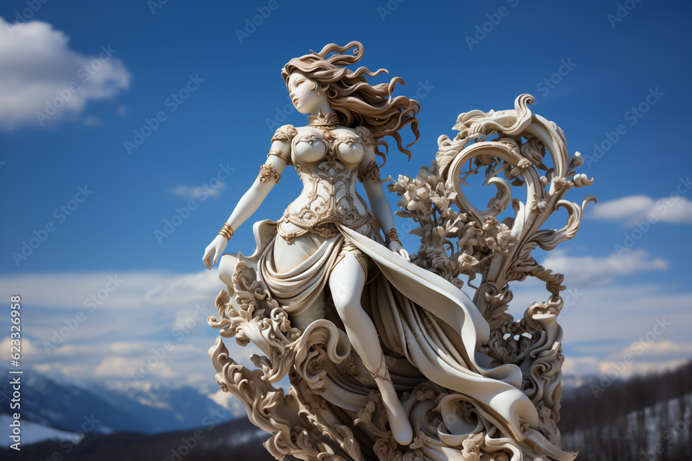 Holy goddess of love antique monumental statue, a beautiful woman, white marble, cinematic, blue sky background. AI Generative