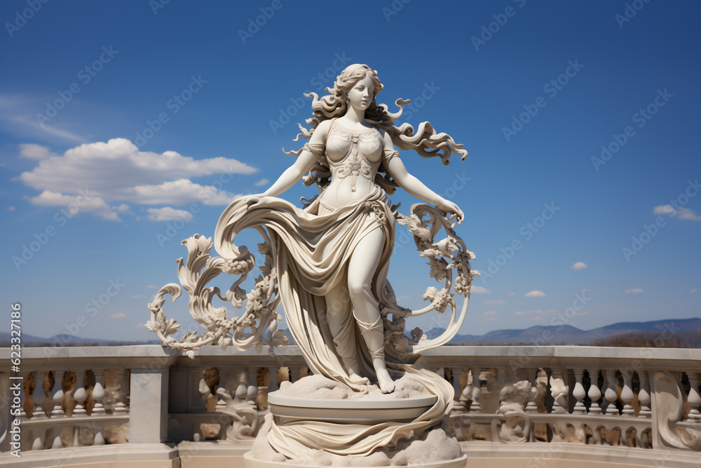 Fototapeta premium Holy goddess of love antique monumental statue, a beautiful woman, white marble, cinematic, blue sky background. AI Generative