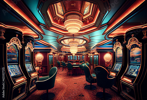 Luxury casino interior with lots of slot machines generative ai