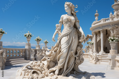 Holy goddess of love antique monumental statue, a beautiful woman, white marble, cinematic, blue sky background. AI Generative