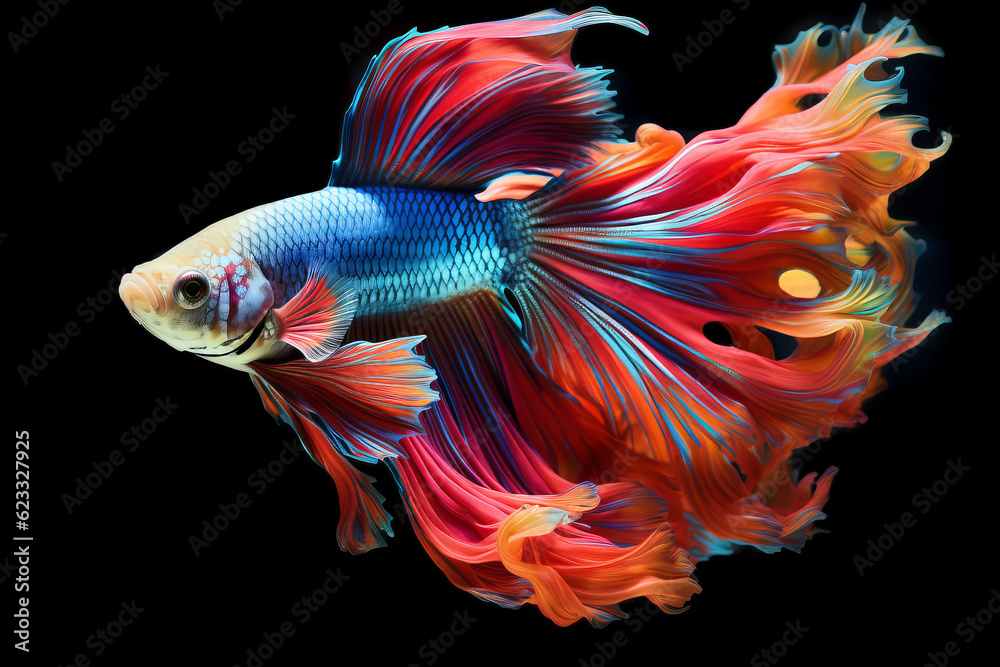 Siamese fighting fish swims under water with isolated on black background made with Generative AI.