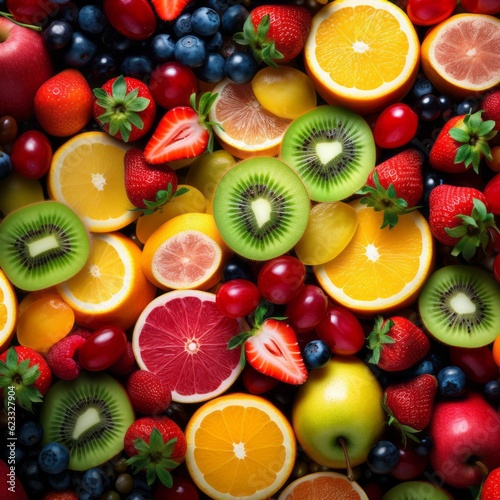 Variety of colorful fruits which consists of kiwi fruit, orange, strawberry, apple, blueberry, cranberry, rasberry, and blackberry made with Generative AI.