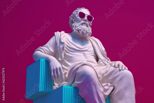 A white statue of Plato in a cool pose, wearing magenta and cyan 3D glasses, ready to party. AI Generative photo